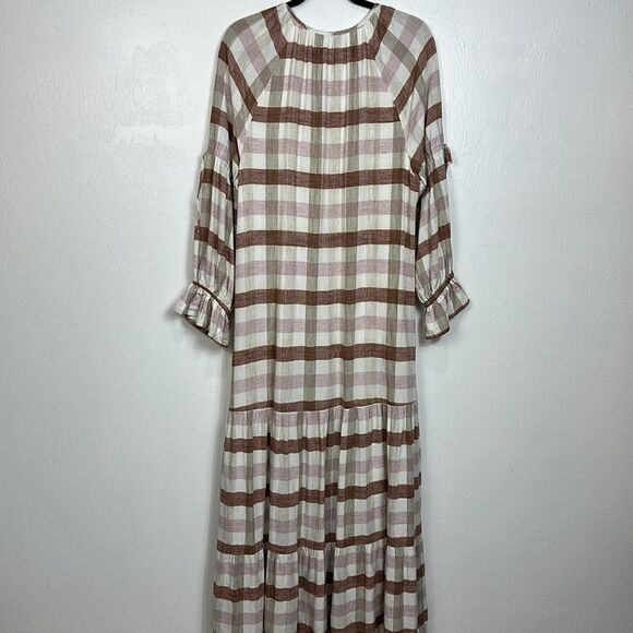 Mixed Boho Plaid V-Neck Long Sleeve Ruffle Cuffs Maxi Dress Size 6 - Picture 4 of 8